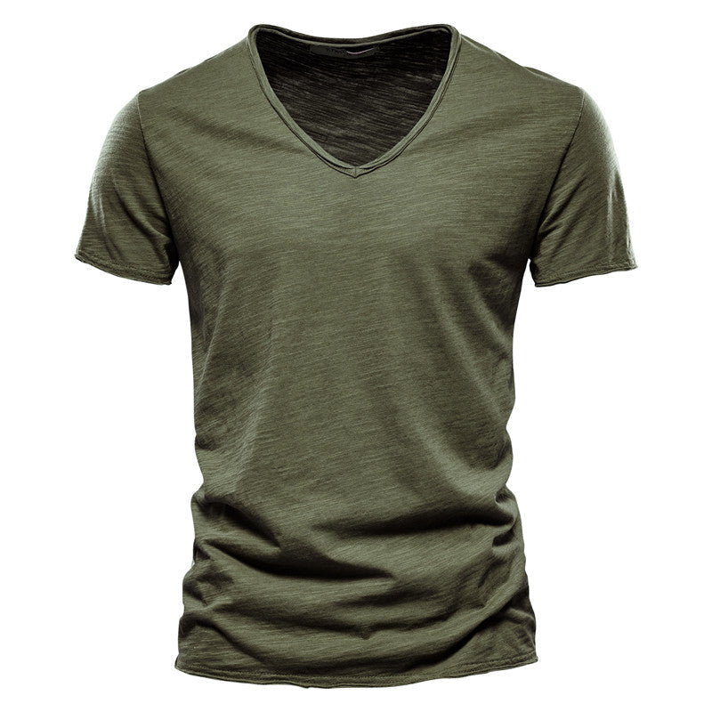 Plain Slub Cotton V-neck T-shirt