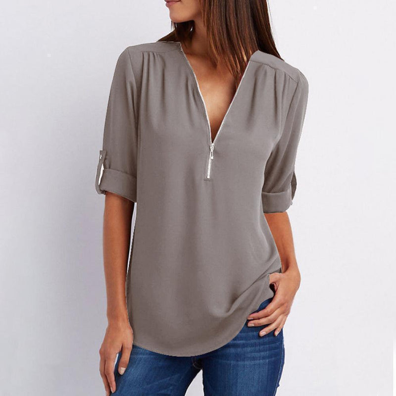 V Neck Zipper Patchwork Plain Blouses